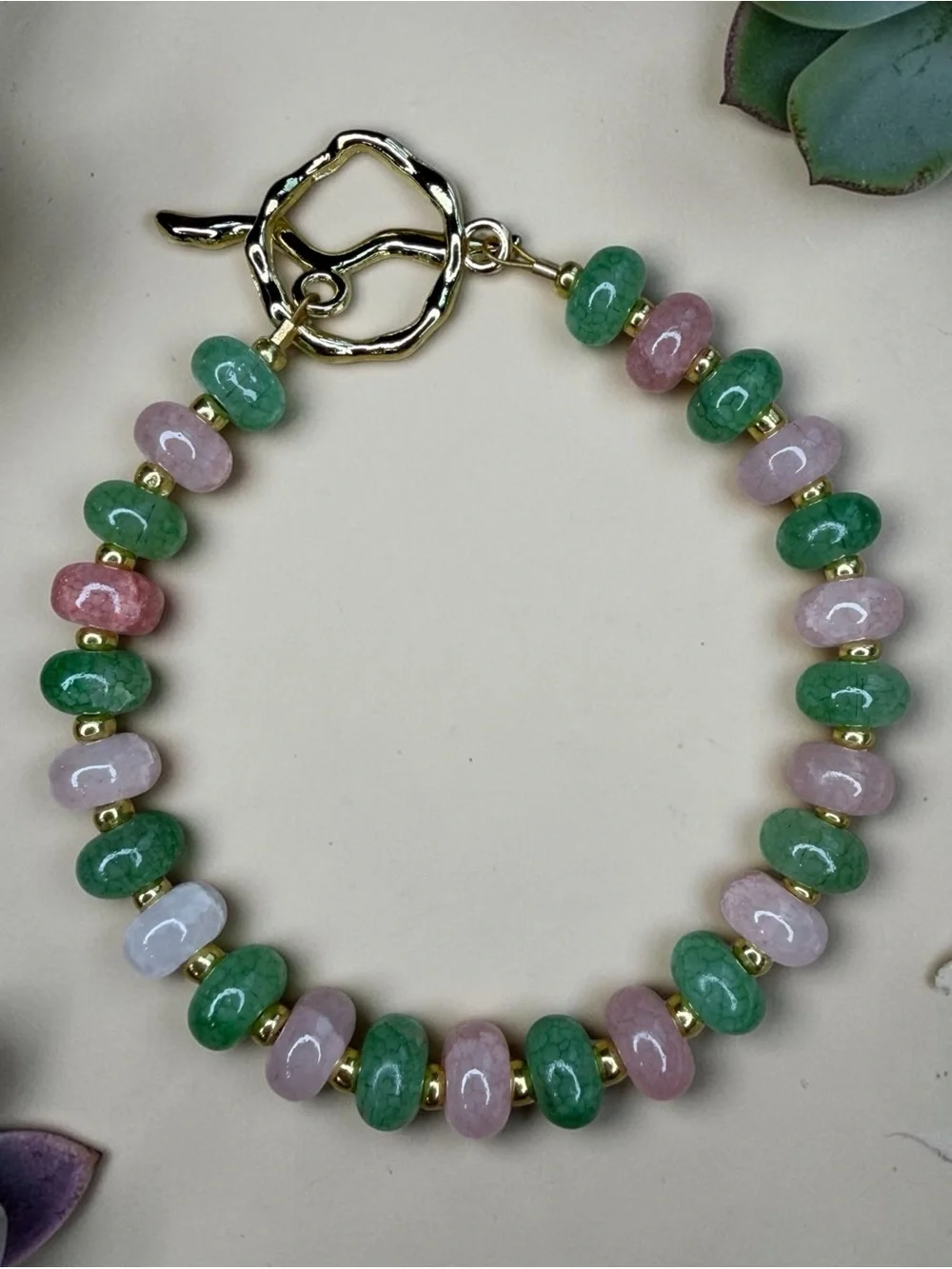 Gold Toggle Bracelet with Green and Pink Jade Beads